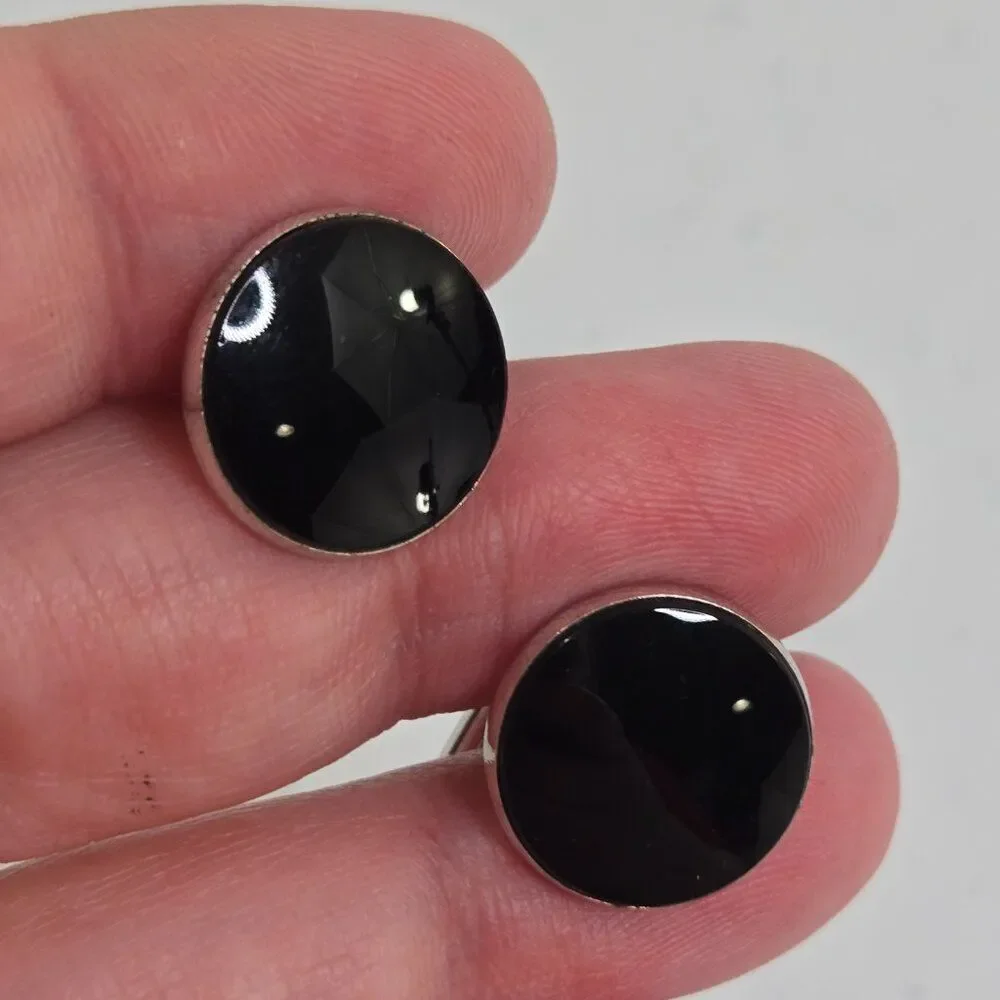 Swank Cufflinks Black Enamel Circle Silver Tone Shiny Black Onyx Bar